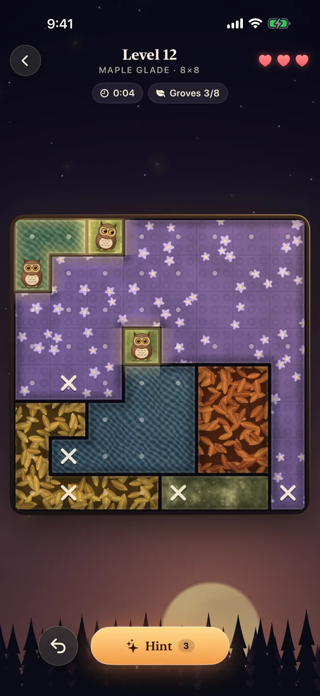 An 8 by 8 Hootdoku board in progress: patterned groves in moss, lilac, blue, amber and rust, with three owls placed, a few ✕ marks, a timer and three hearts.