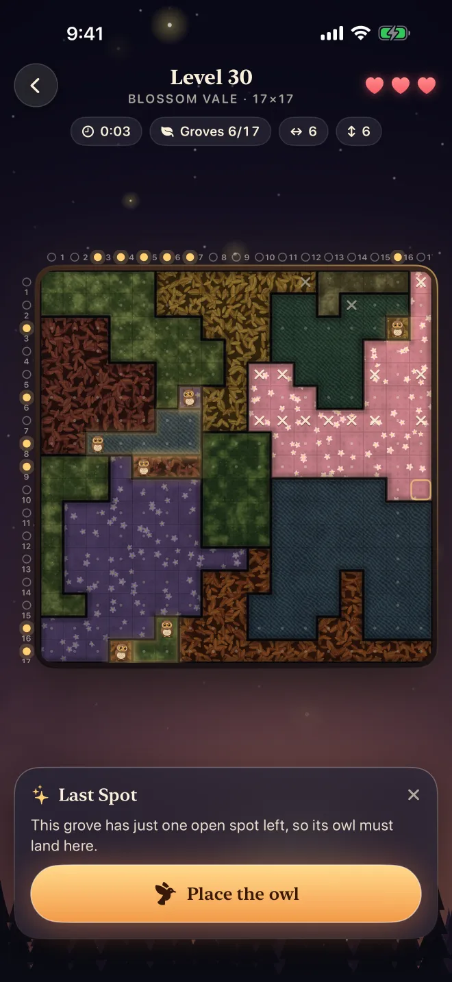 A 17 by 17 Hootdoku board with row and column rulers. A hint card titled Last Spot says: this grove has just one open spot left, so its owl must land here.