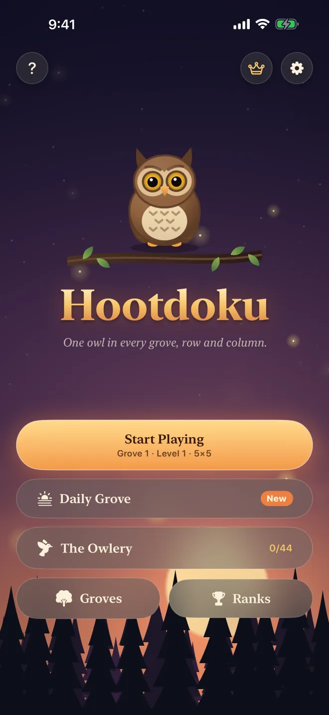 The Hootdoku home screen: a brown owl on a branch under the moon, with Start Playing, Daily Grove, The Owlery, Groves and Ranks buttons.